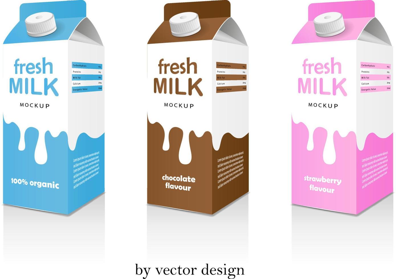 maqueta realista de paquetes de leche fresca en sabor variante por diseño vectorial vector