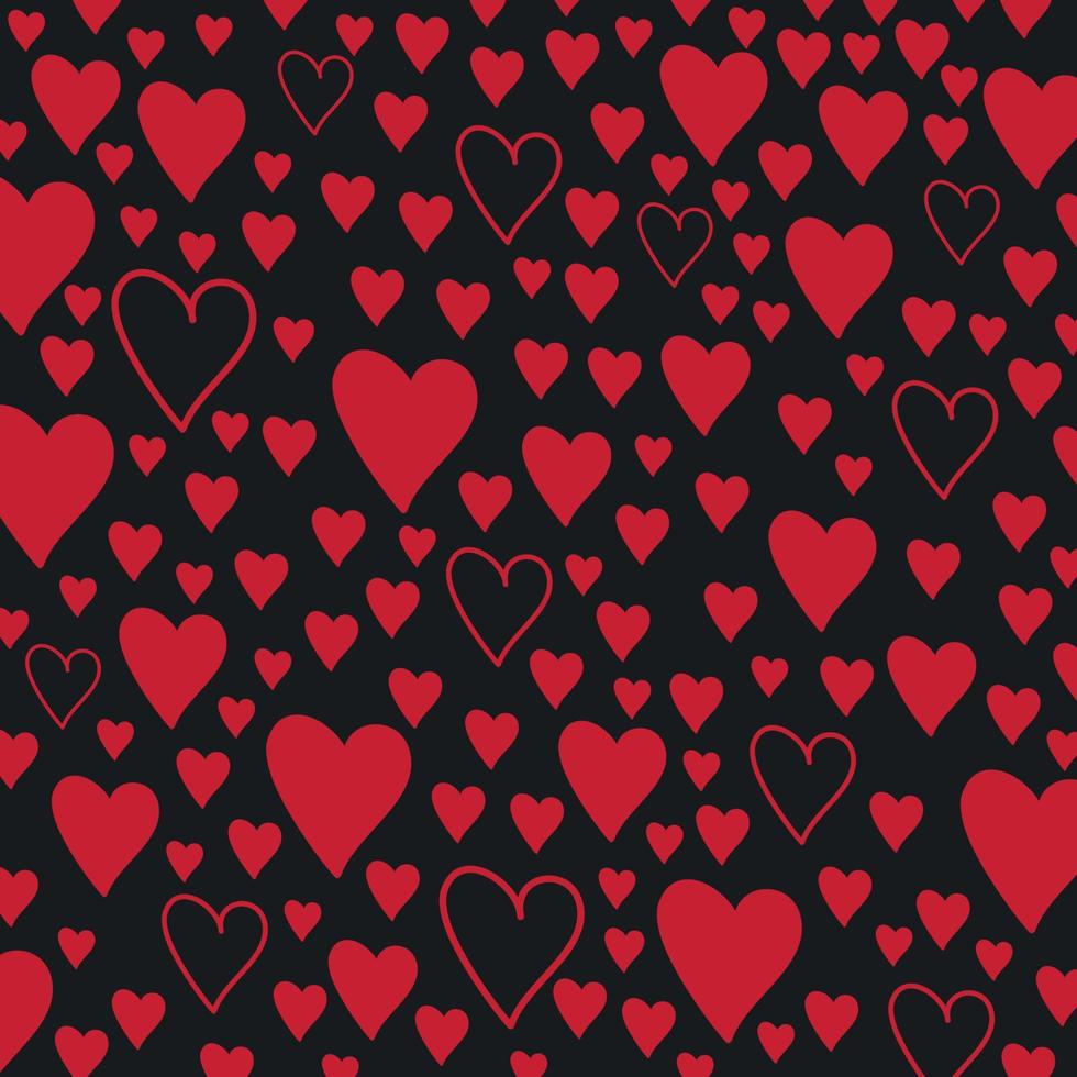 patrón de corazones simples. Día de San Valentín. diseño plano interminable textura caótica diminutas siluetas de corazón. tonos de rojo. corazones en fondo negro vector