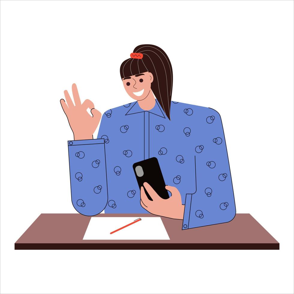 Woman online consultant. A young girl consults on the Internet. A woman businessman works with clients online. Vector illustration on white background.