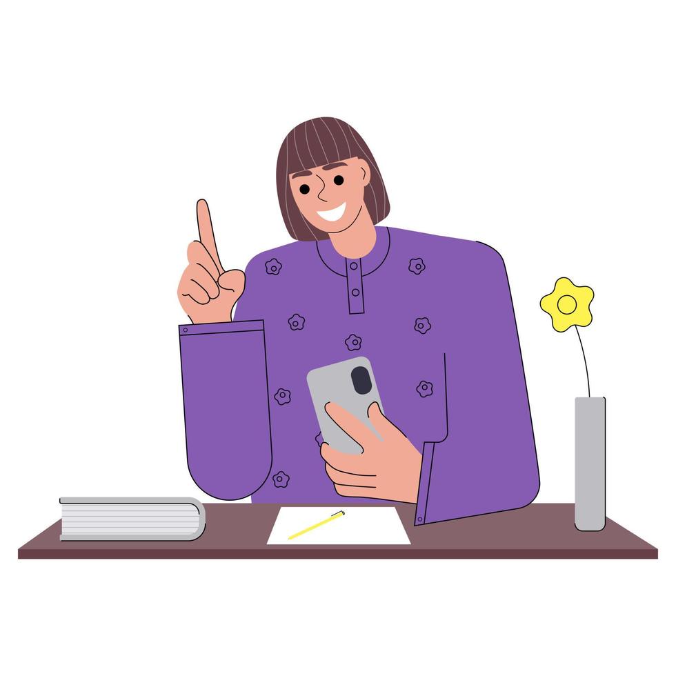 A young woman conducts an online consultation with a client. The girl uses her smartphone to communicate with the client. Flat vector illustration on white background. For print, web design.