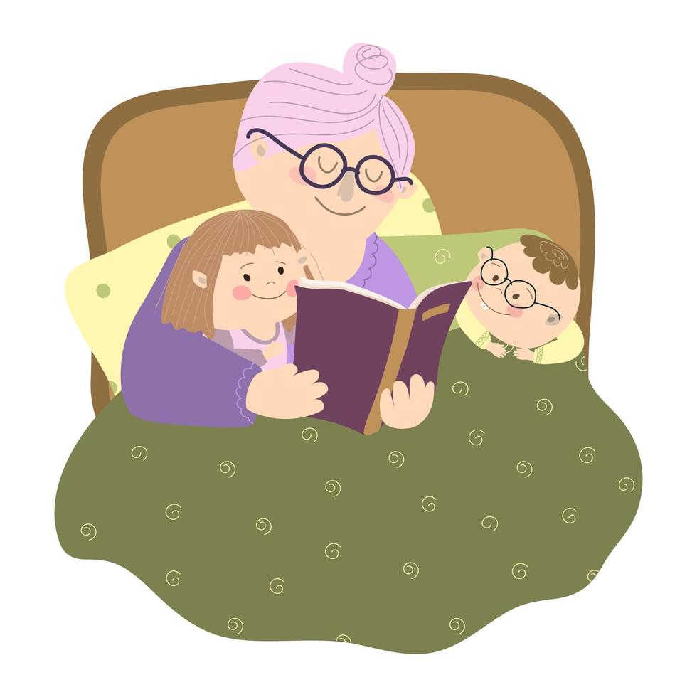 la abuela lee libros a sus nietos. una anciana está acostada en la cama y leyendo un libro. cerca de la abuela se encuentran los niños. ilustración vectorial sobre fondo blanco en estilo de dibujos animados. para imprimir vector