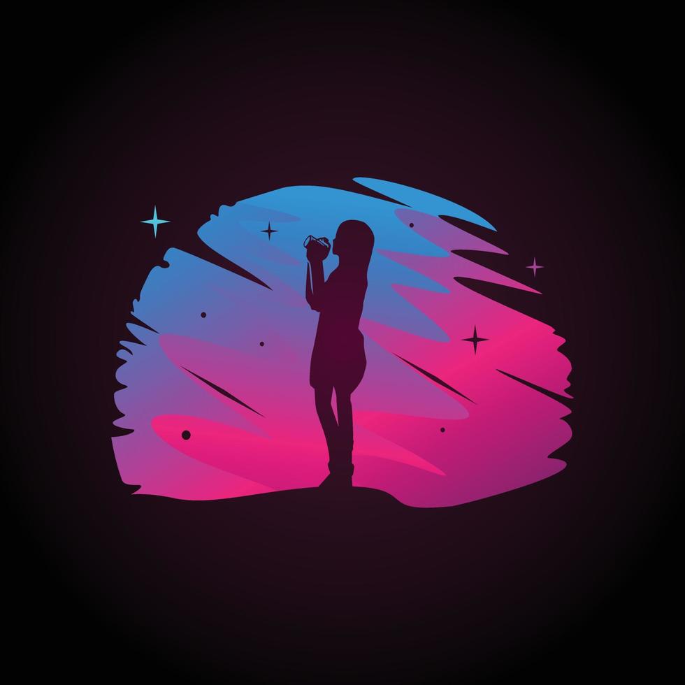 Silhouette of a girl photographing at night vector