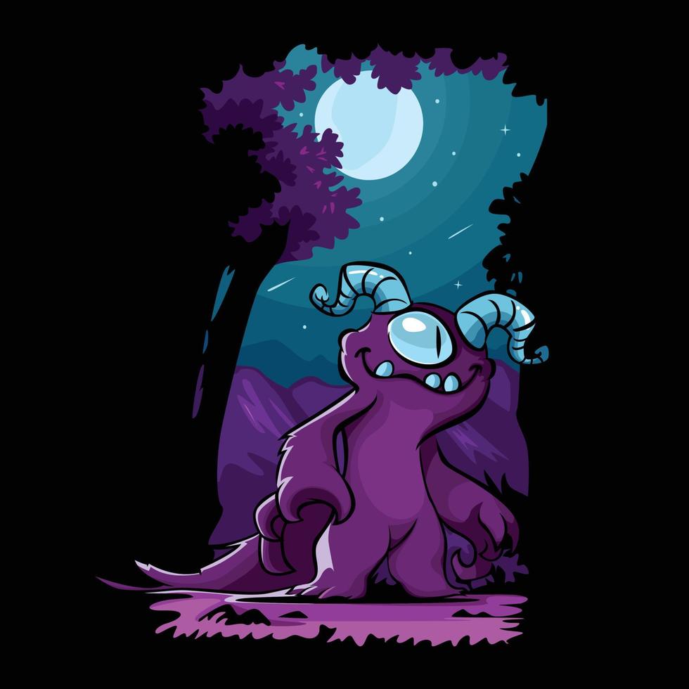 The cute monster character is in the forest at night vector