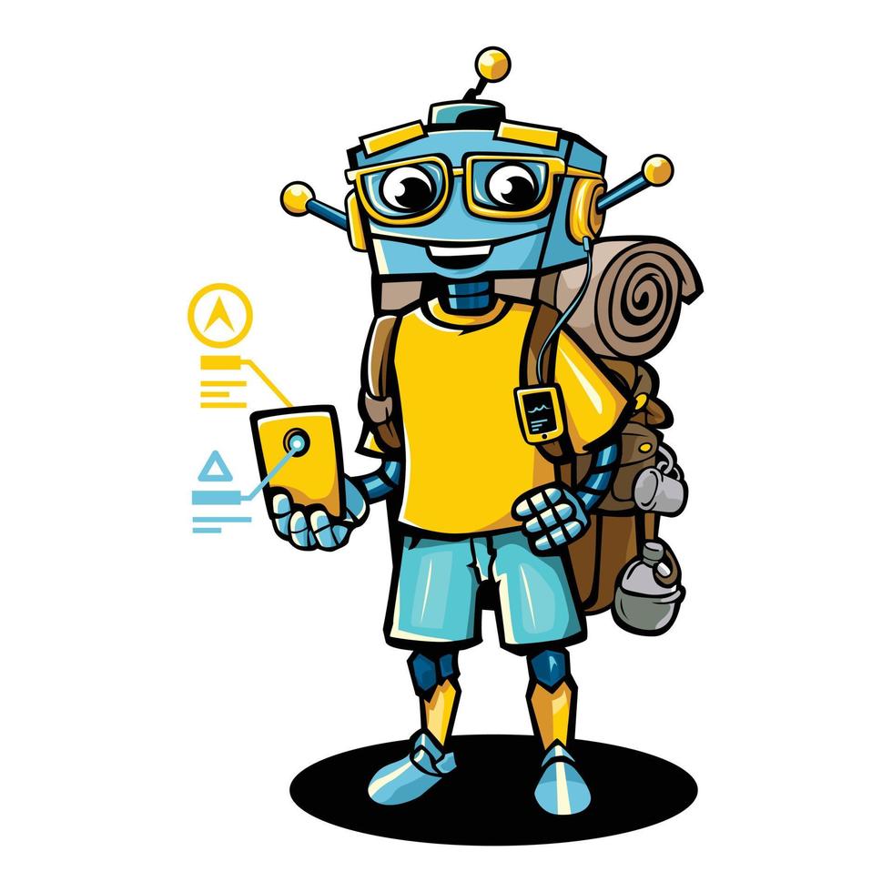 Robot cartoon character is traveling and looking for road locations vector