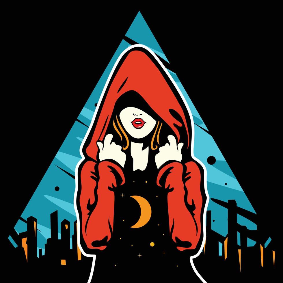 Girl in red hood on night city background vector