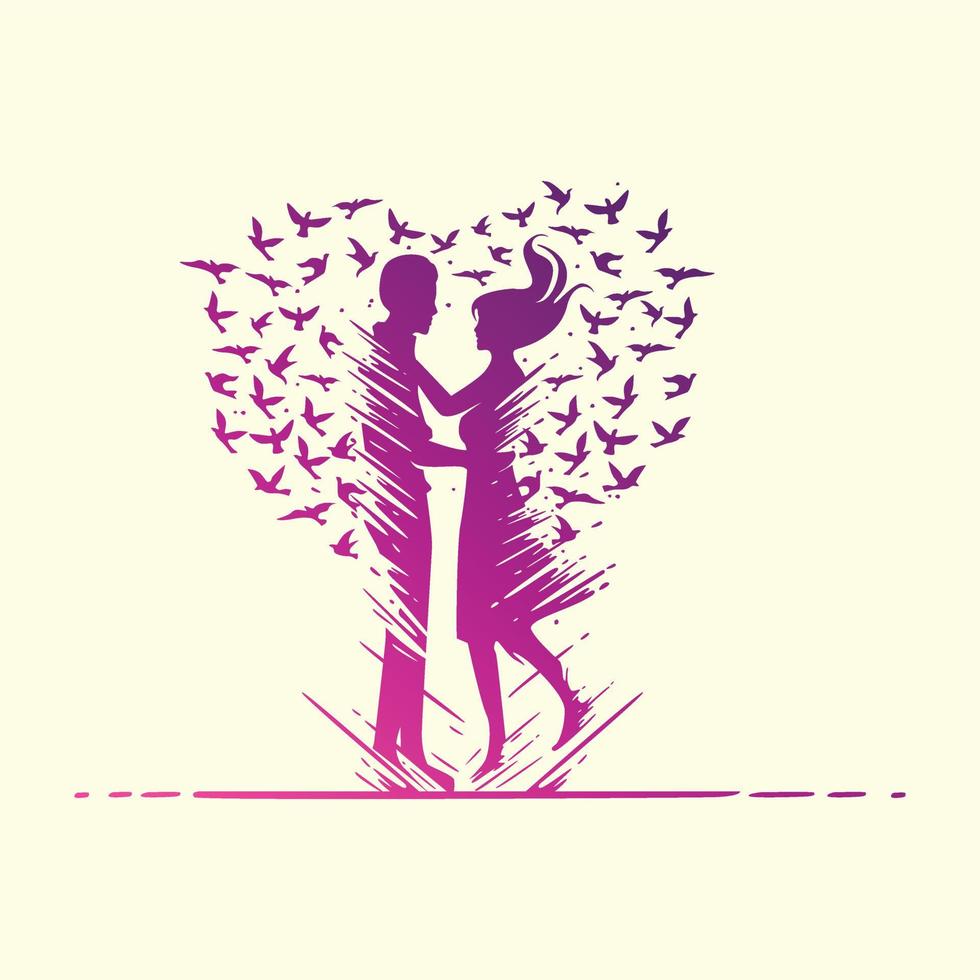 silueta de una pareja masculina y femenina con pájaros en el fondo volando y formando un corazón vector