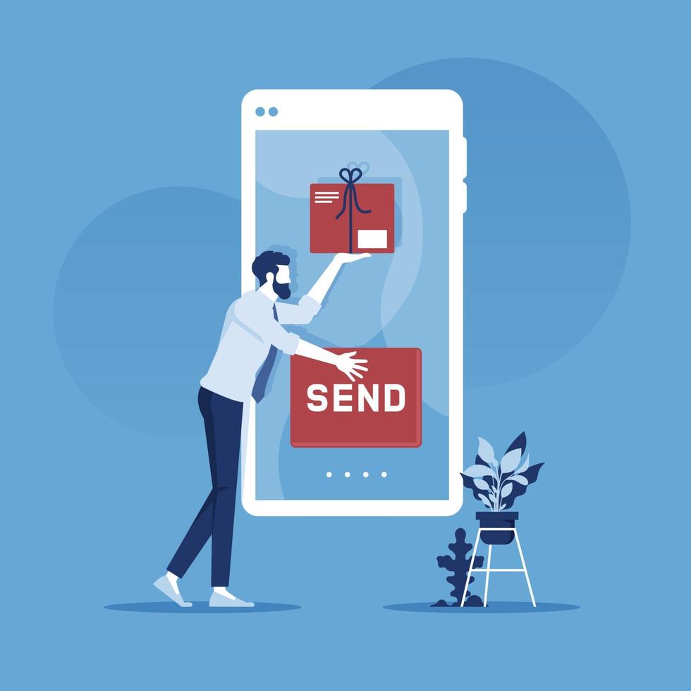 Send goods, purchase, order package from online store to the customer via smartphone. E-commerce office employee puts a box in the phone screen vector