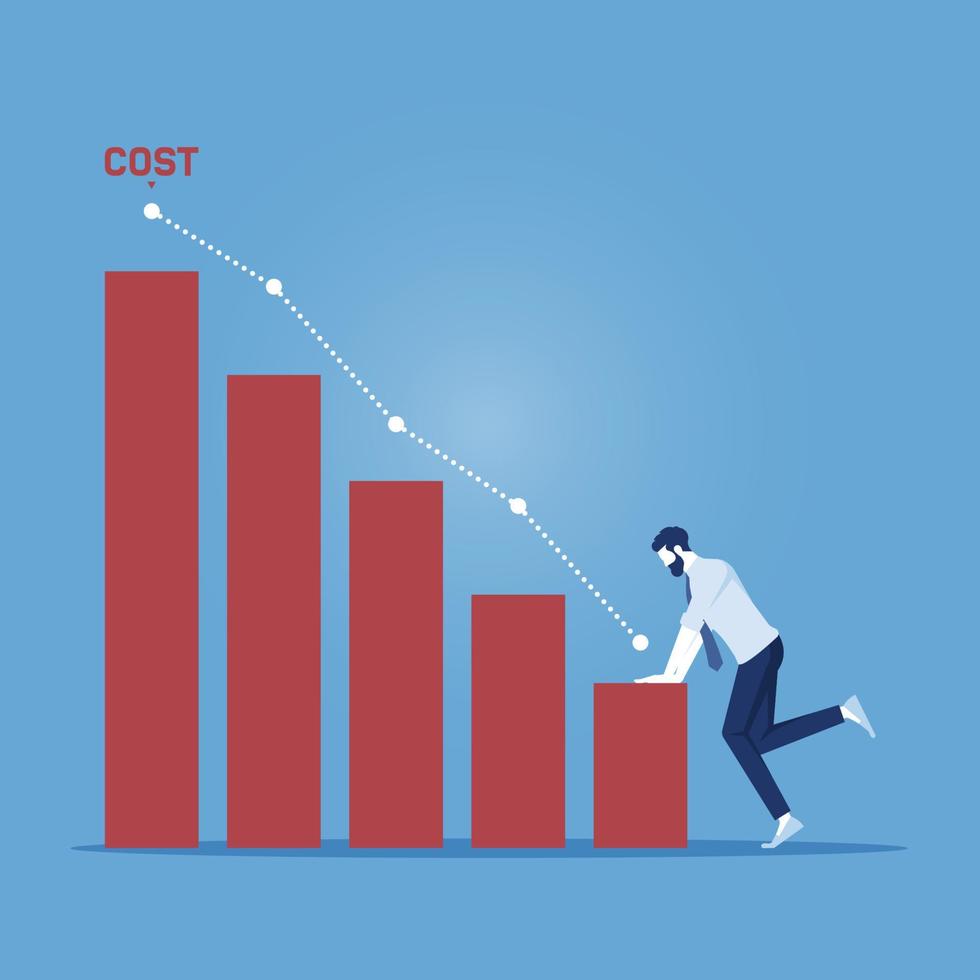 Cost reduction management concept, businessman lowers graph of cost, declining chart vector