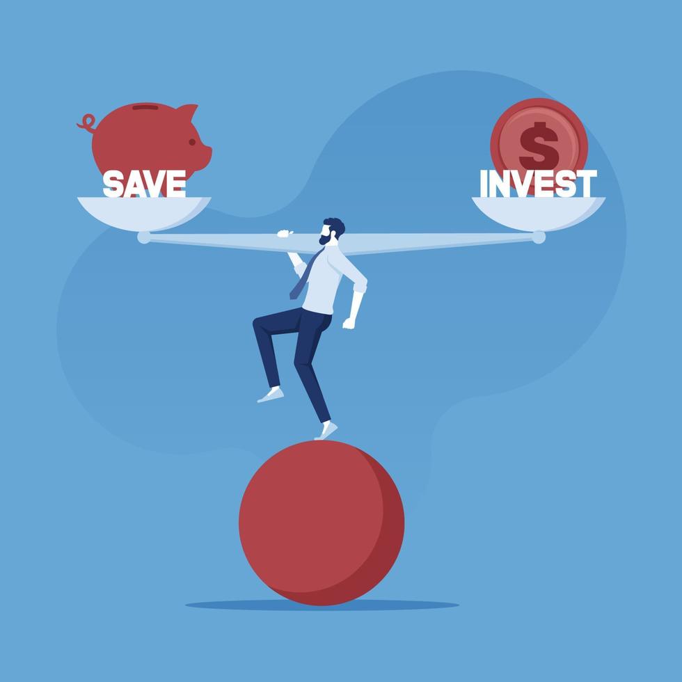 Businessman balancing between savings and investments, financial management concept vector