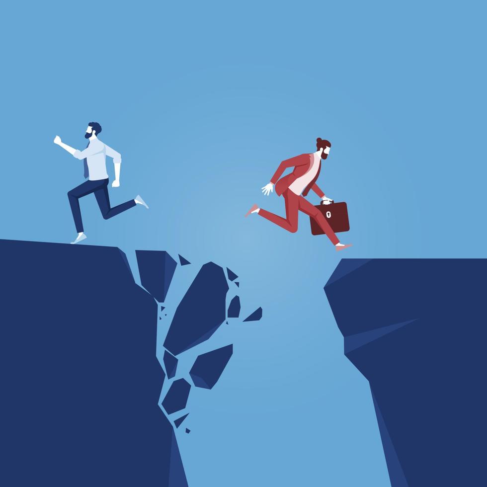 Businessman successful jumping over the cliff to new area while others business man discourage to fighting vector