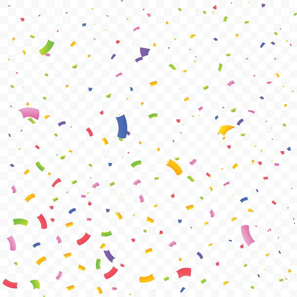 Confetti and tinsel explosion background. Realistic multicolor confetti vector illustration. Colorful confetti isolated on transparent background. Carnival elements. Birthday party celebration.