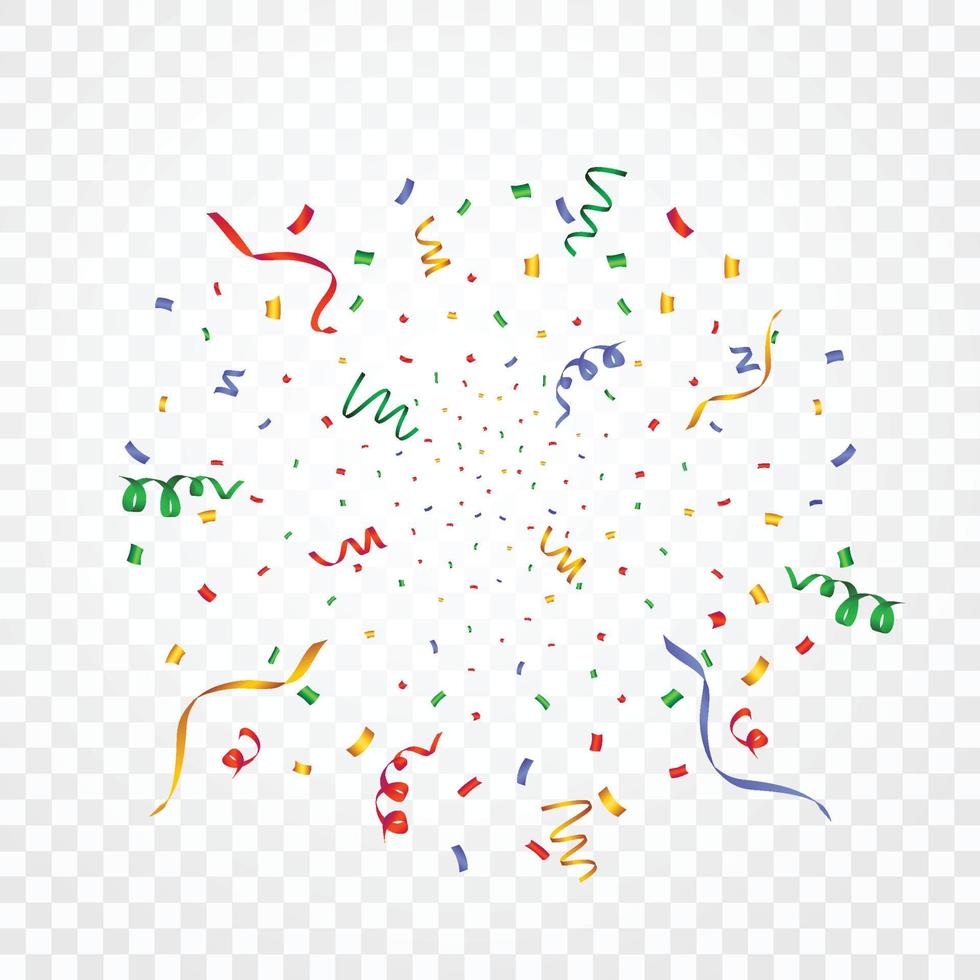 Colorful confetti for festivals or birthdays. Party Confetti and ribbon flying on a transparent background. Multicolor confetti and party ribbon explosion vector. Event and party celebration elements vector