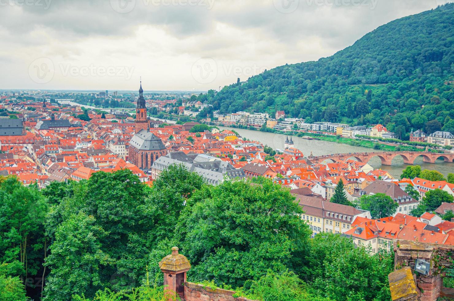 Aerial panoramic view of Heidelberg Old town historical centre with Church of Holy Spirit Heiliggeistkirche photo