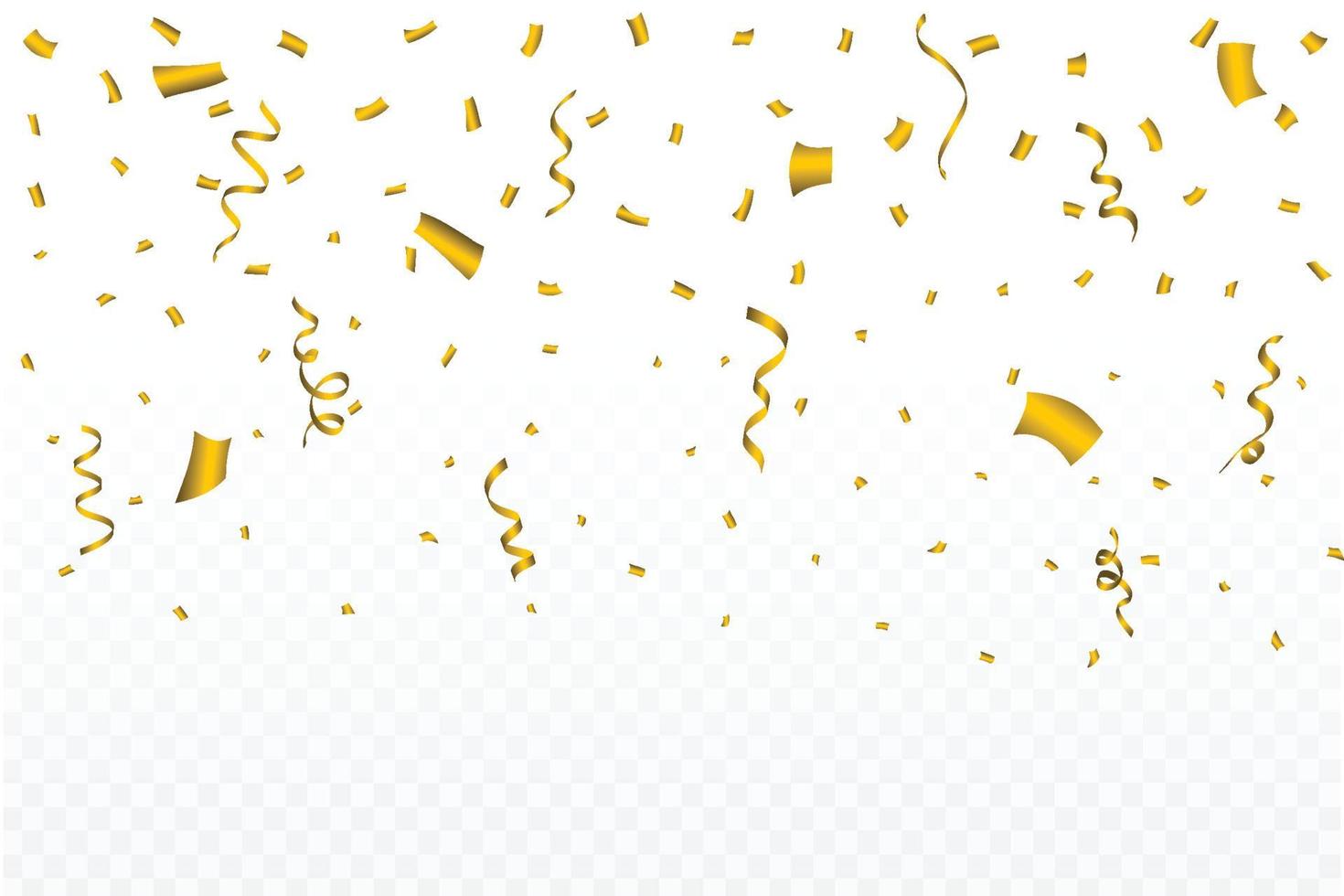 Confetti vector illustration for the carnival background. Golden party tinsel and confetti falling. Golden confetti isolated on transparent background. Festival elements. Birthday celebration.