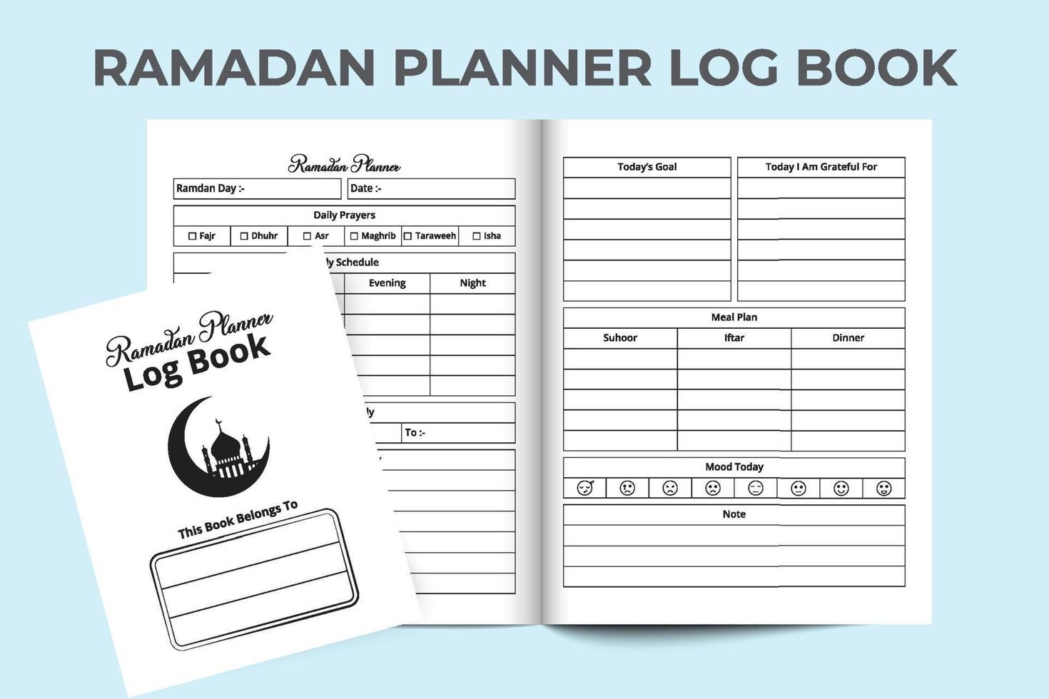 Ramadan planner log book interior. Interior of a notebook. Ramadan meal planner and activity tracker template journal. Ramadan activity and fasting experience tracker logbook interior. vector