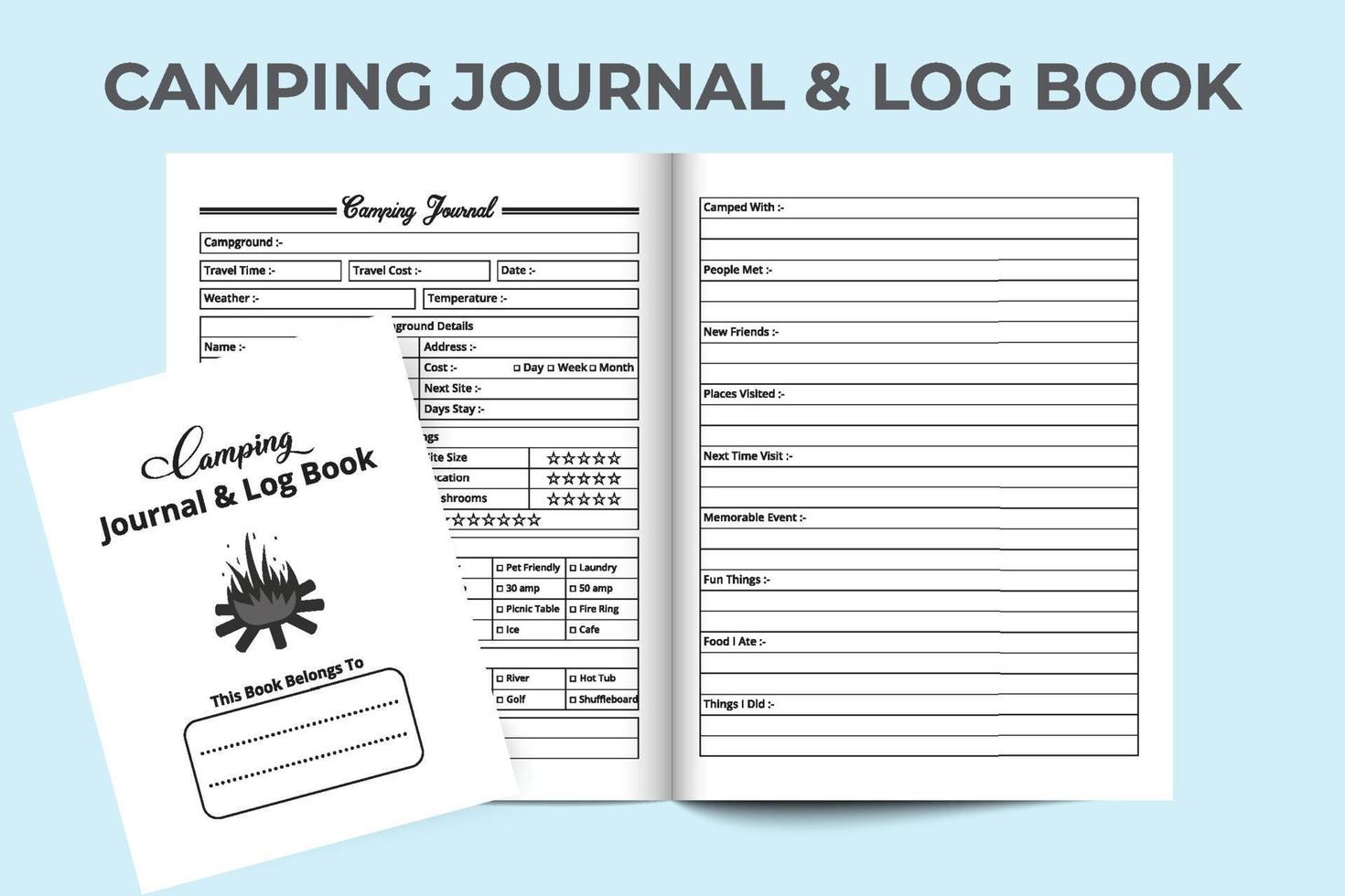 Camping information log book interior. Interior of a notebook. Camp location information tracker journal template. Hiking and traveling experience tracker template logbook. vector