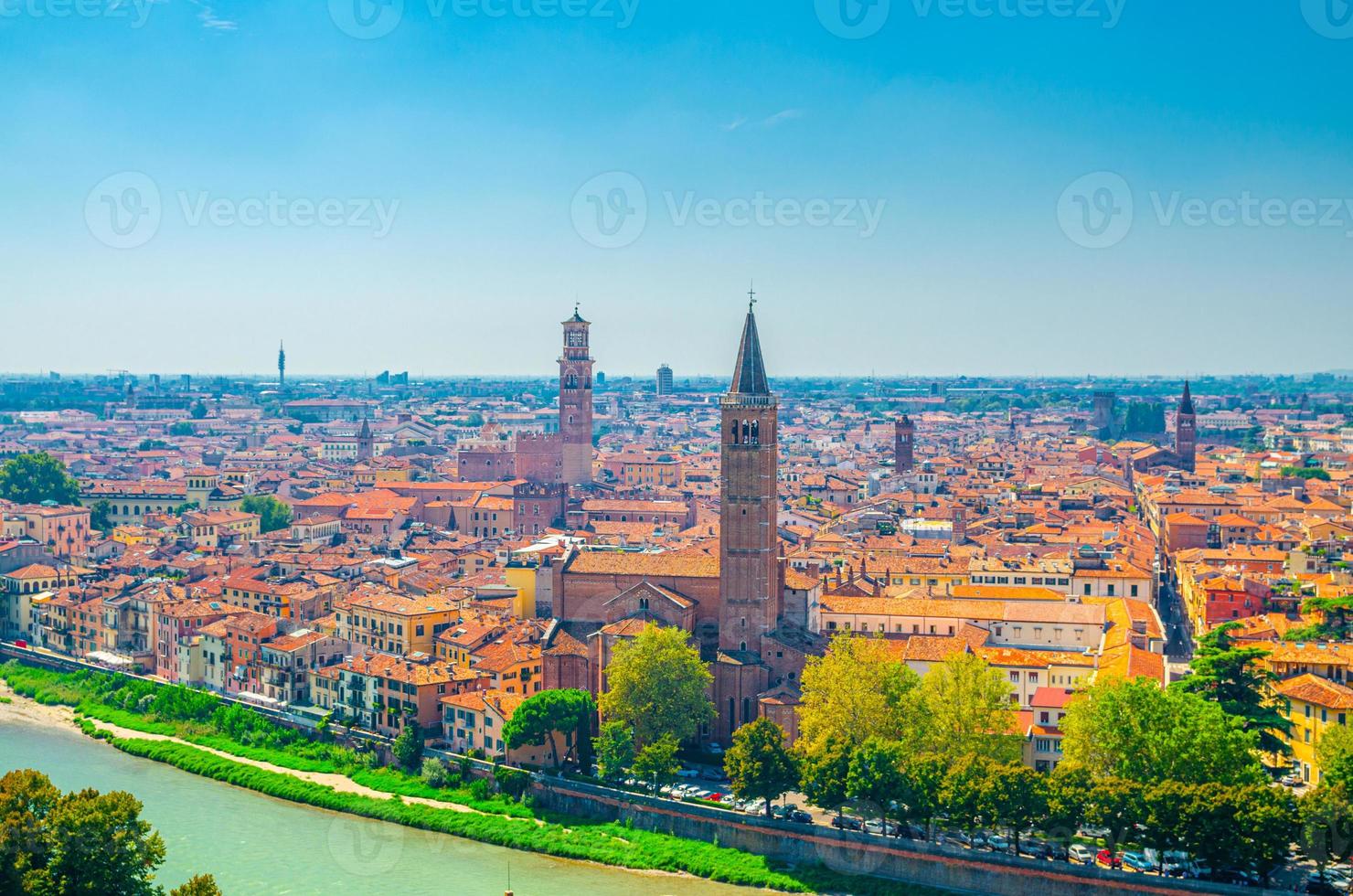 Aerial view of Verona historical city centre, Adige river, church Basilica di Santa Anastasia tower photo