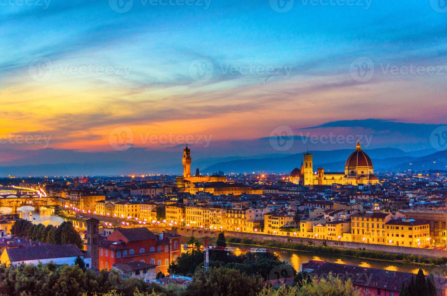 Top aerial panoramic evening view of Florence city with Duomo Santa Maria del Fiore cathedral photo