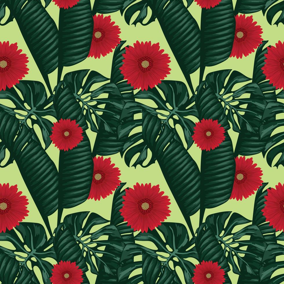 diseño de patrones sin fisuras de hojas tropicales y flores vector