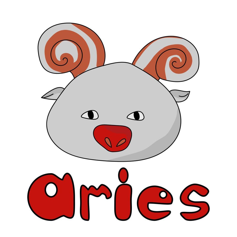 Cute round zodiac sign aries with horns and red nose, kawaii character and lettering vector