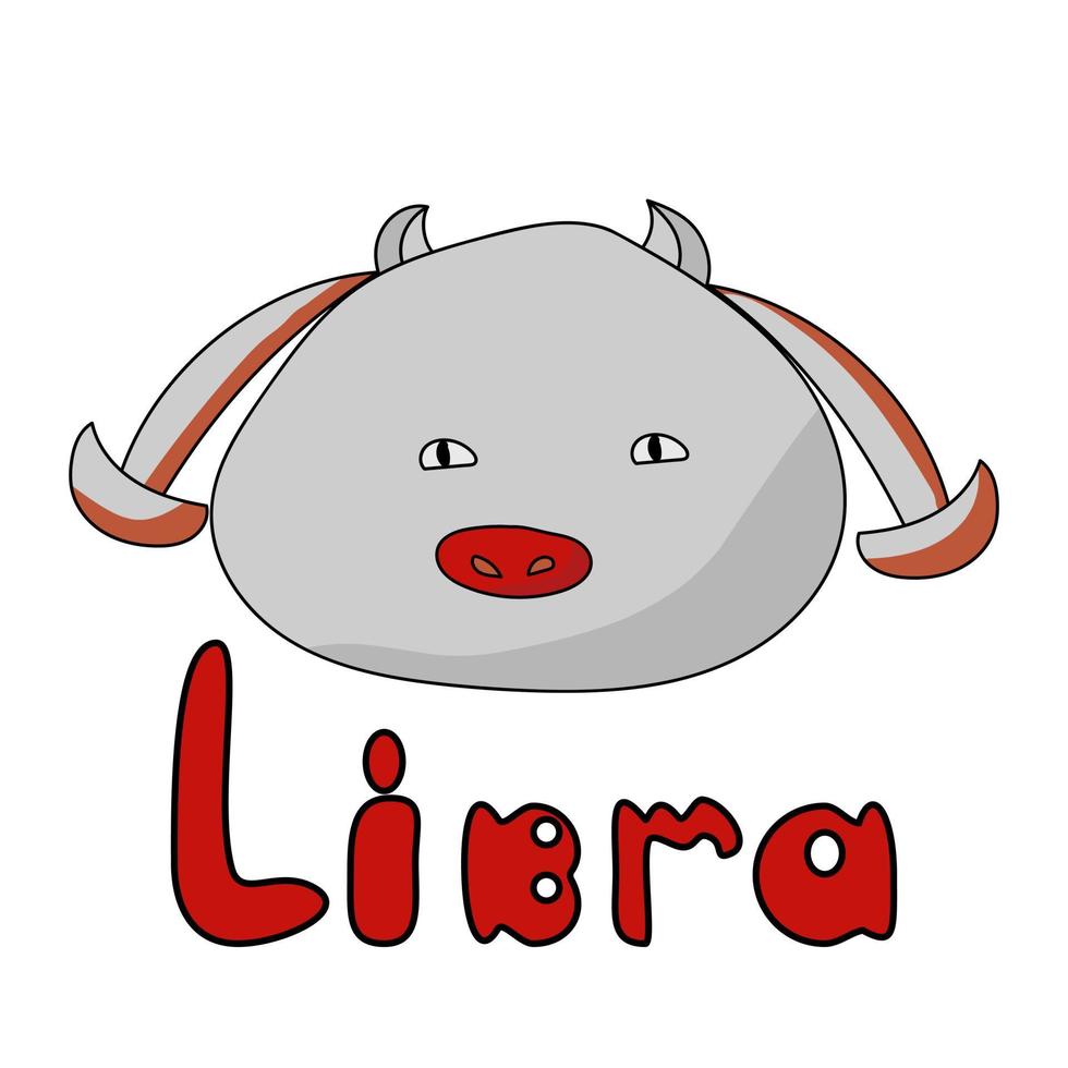 Cute round Zodiac Sign Libra, positive character with symmetrical hairstyle reminiscent of scales and red nose and inscription vector