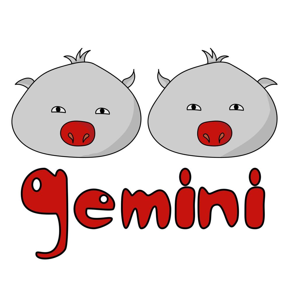Cute round guys zodiac sign Gemini, two positive characters with the same faces and red noses and an inscription vector