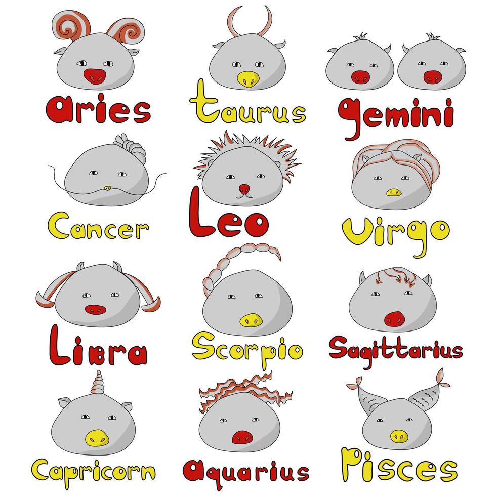 un conjunto de signos del zodiaco de estilo kawaii, graciosas rondas grises con una nariz roja o amarilla y un peinado simbólico, inscripciones amarillas y rojas en letras volumétricas de garabatos vector