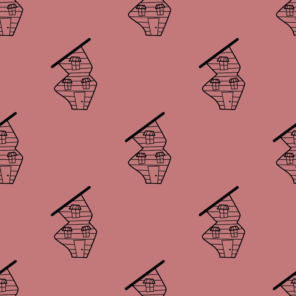 Seamless vector pattern of contour houses in doodle style on pink background.