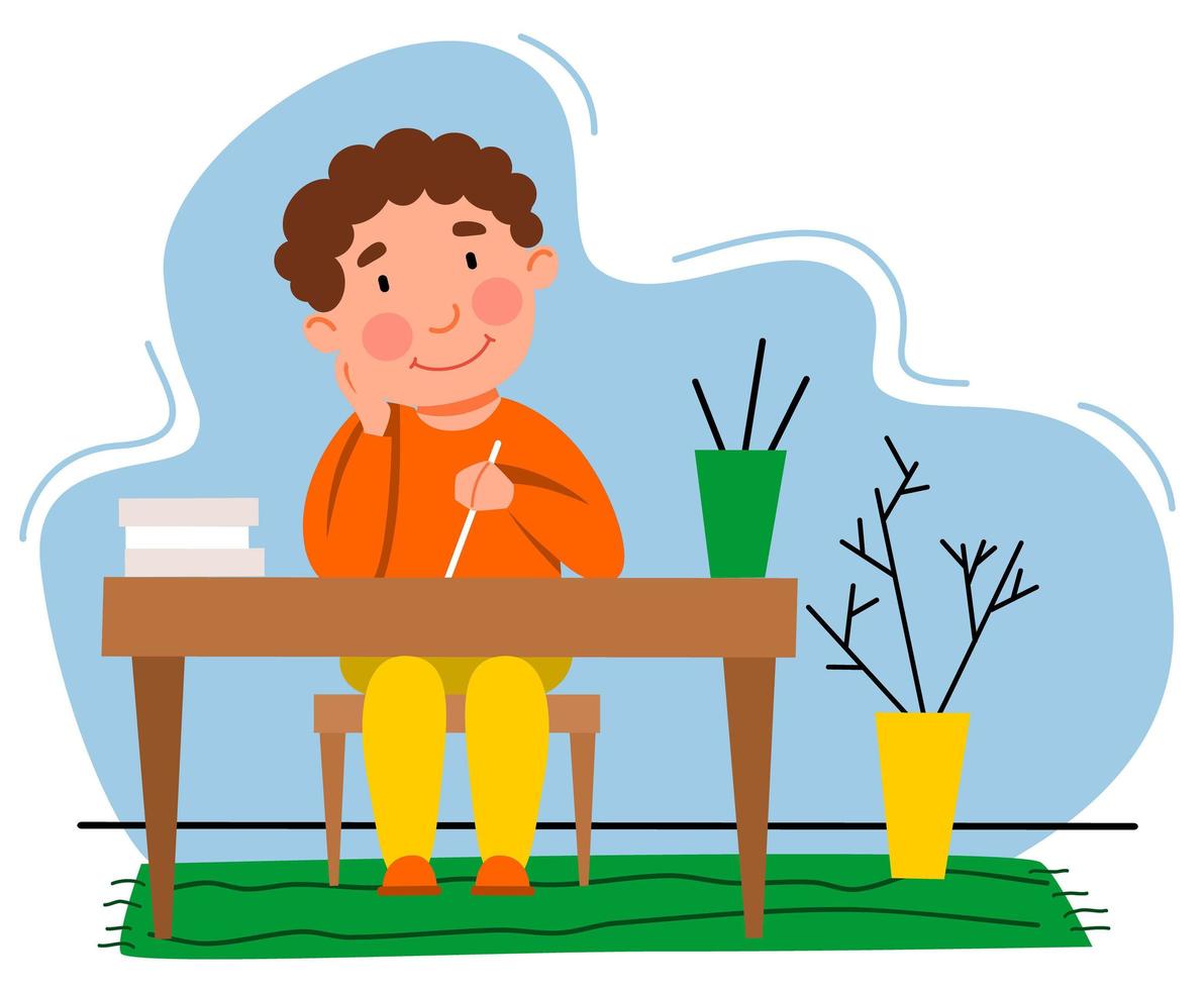 A little boy is doing his homework. The child writes at the table. vector