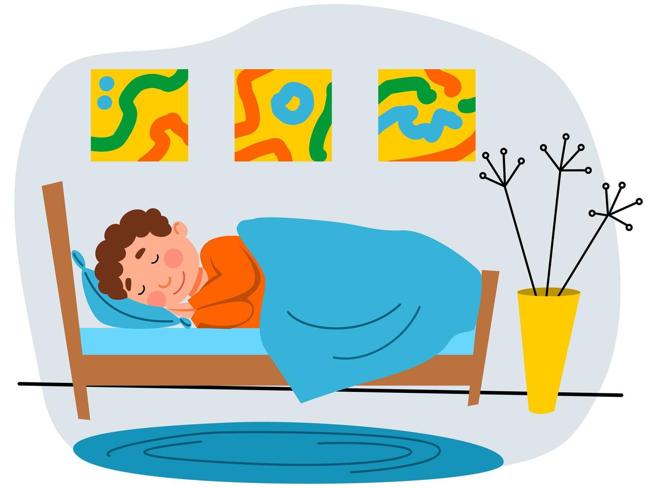 A little boy is sleeping in his bed. A child in pajamas. vector