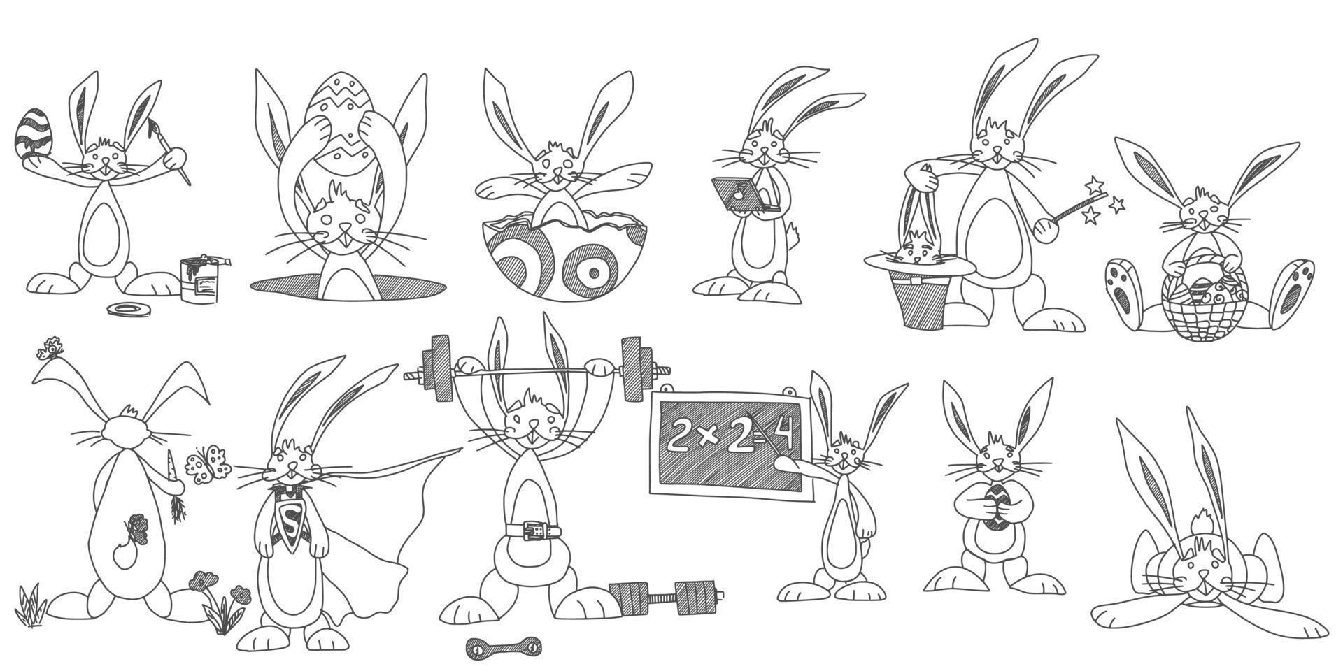 dibujar conejos personajes divertidos. stock vector nuevo