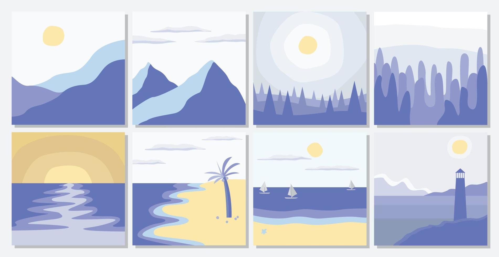 Eight 8 landscape background collection. Trendy modern contemporary vector illustration landscape. Mountain, Sea, Forest, Beach  Sunset. Suitable for social media post template, web banner, poster.