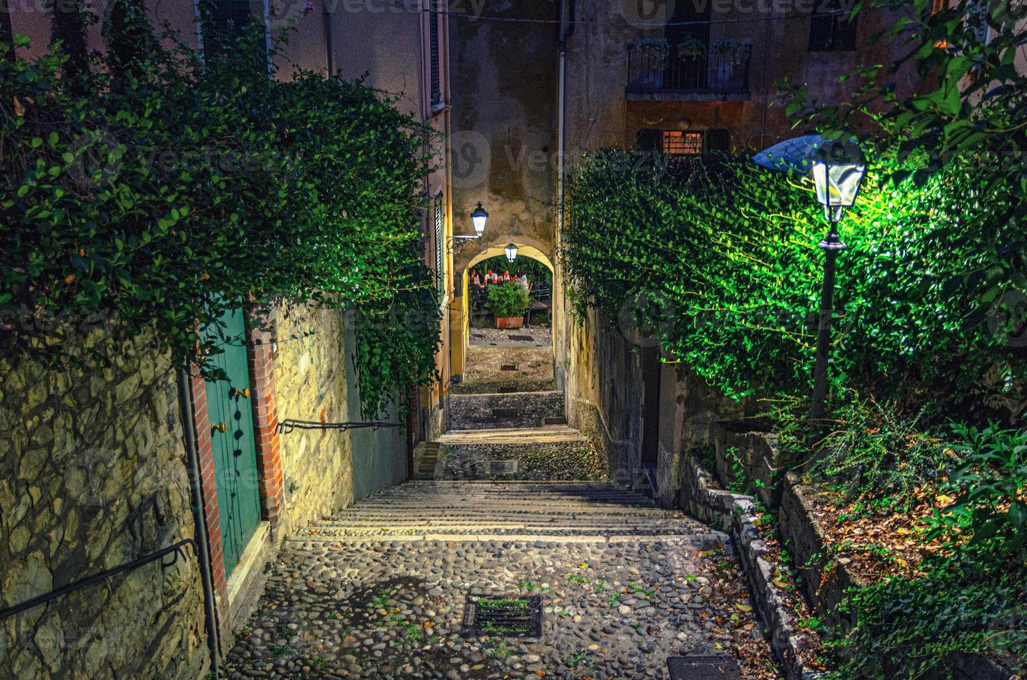 Cobblestone staircase with stairs, green trees and bushes, street lights photo