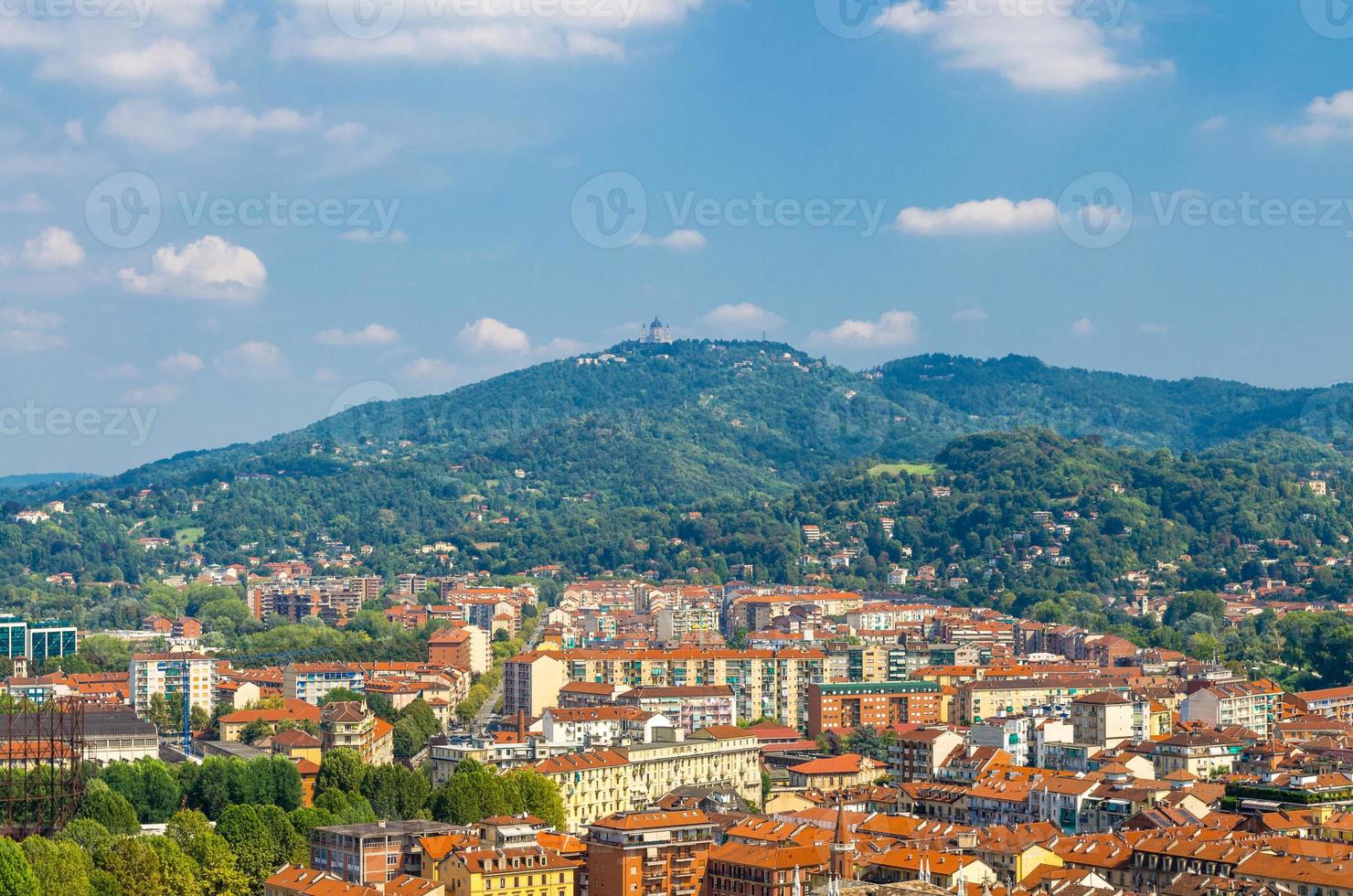 Aerial view from Mole Antonelliana tower platform of Turin Torino Borgo Po city district quarter photo