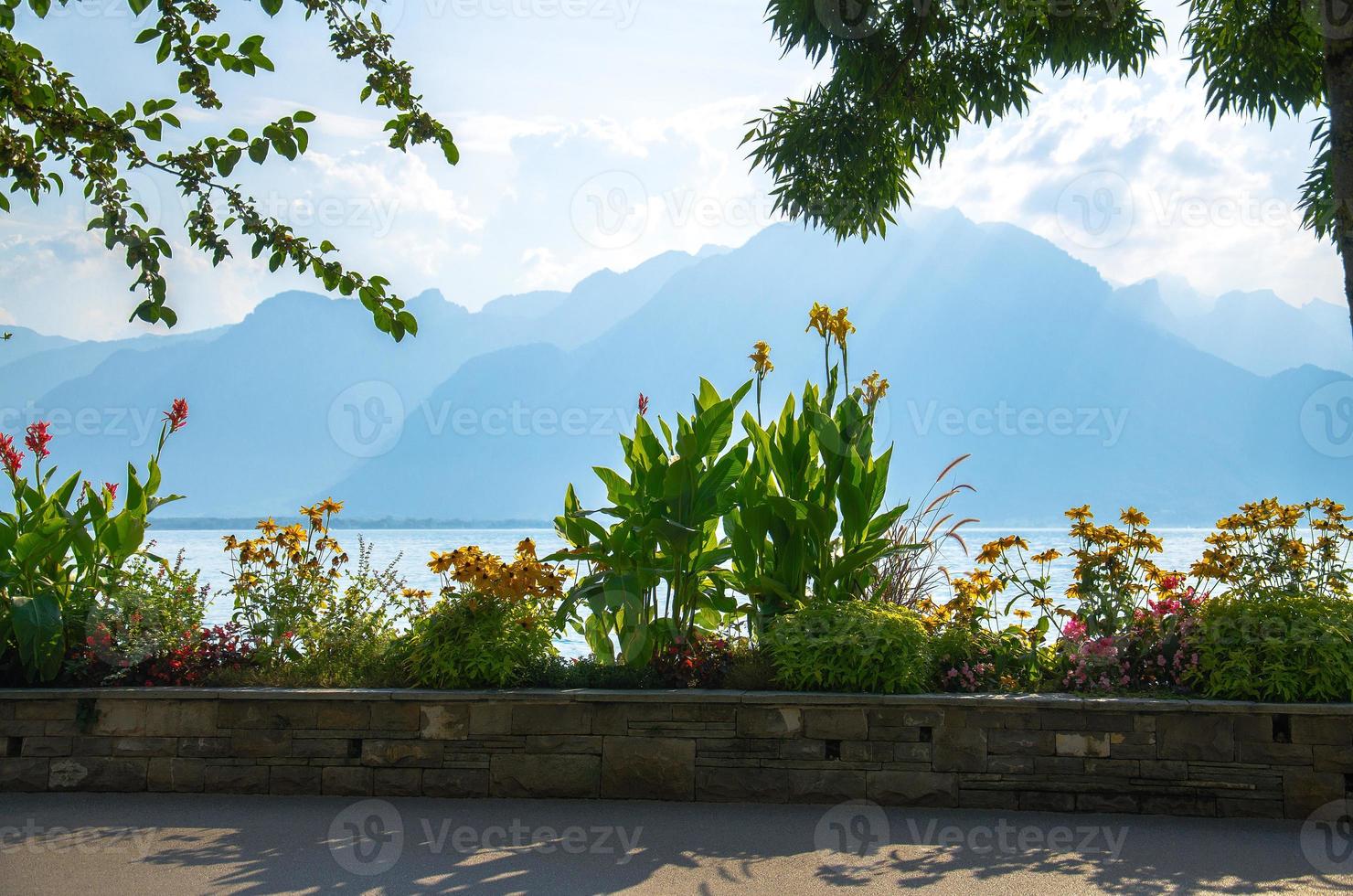 vista de las montañas alpes y el lago leman en montreux, suiza foto