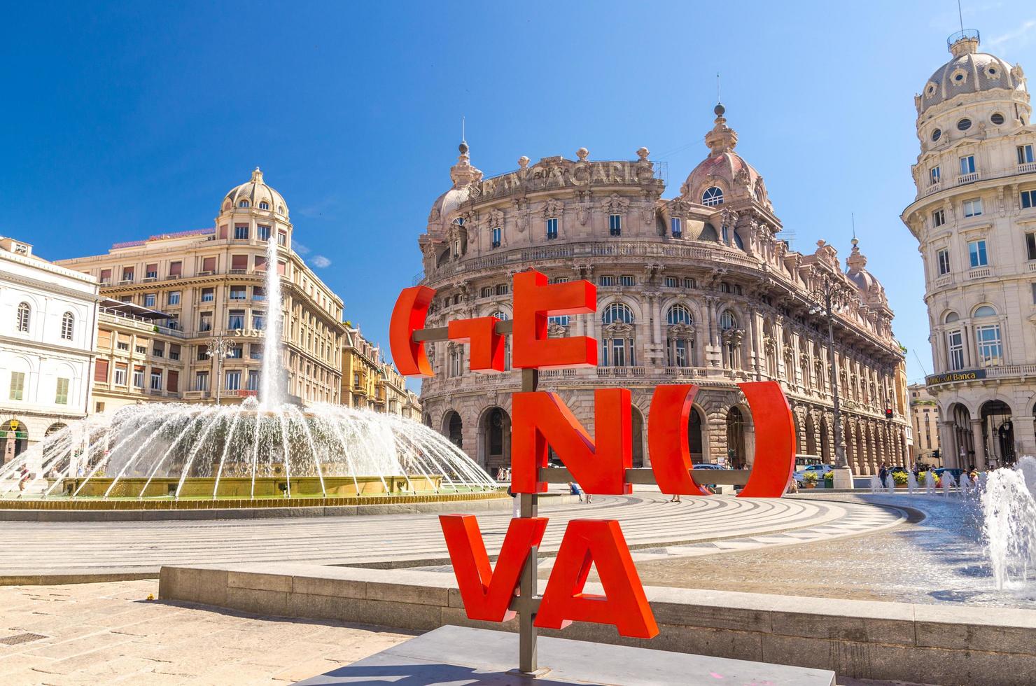 Genoa, Italy, September 11, 2018 Red letters Genova More than this catchphrase on Piazza De Ferrari square photo