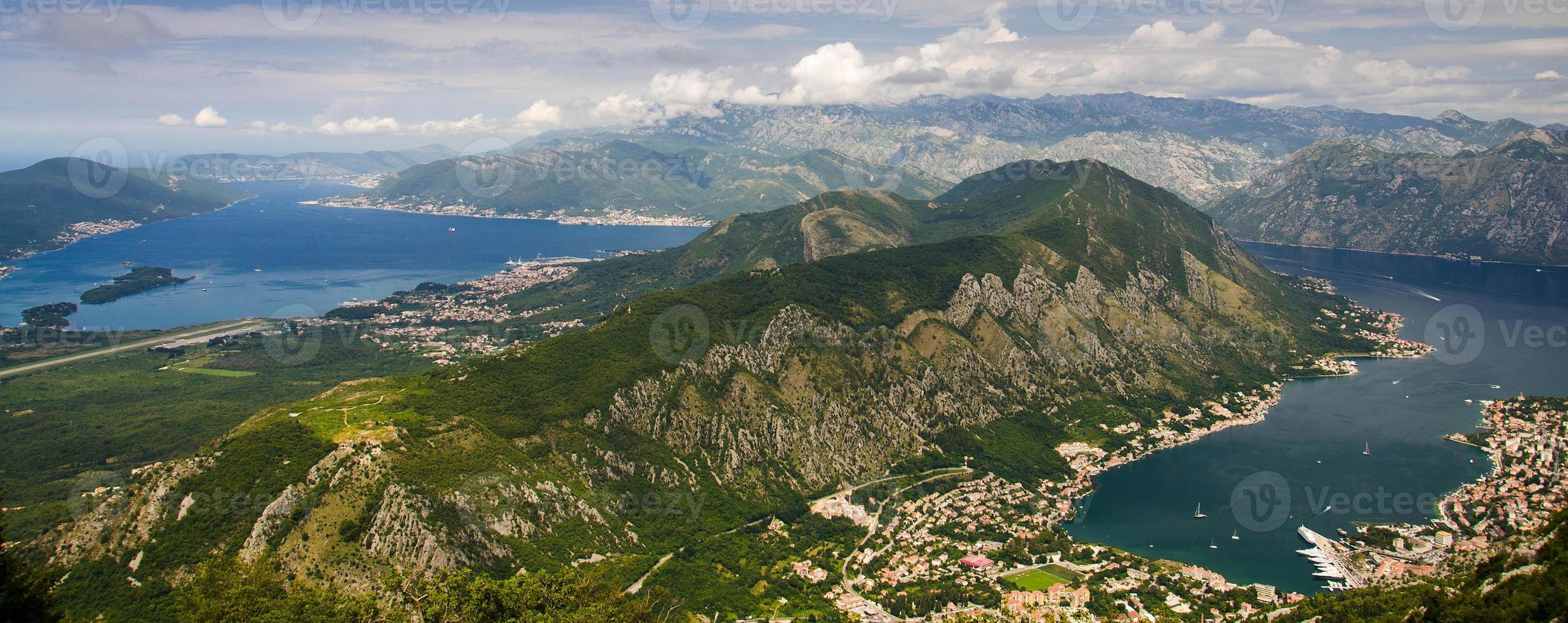 Top view of Boka Kotor bay and Tivat from Lovcen Mountain, Montenegro photo