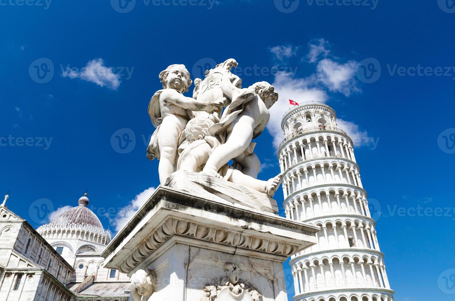 Putti Fountain, Pisa Cathedral Duomo Cattedrale and Leaning Tower Torre on Piazza del Miracoli square photo