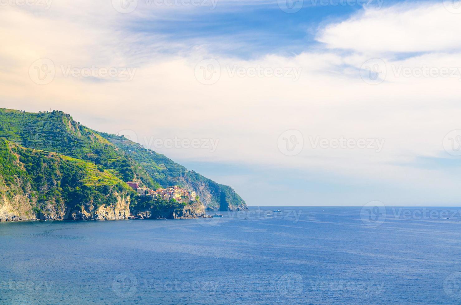 Aerial top panoramic view of Manarola village on cliff and Gulf of Genoa, Ligurian Sea, coastline of Riviera di Levante photo
