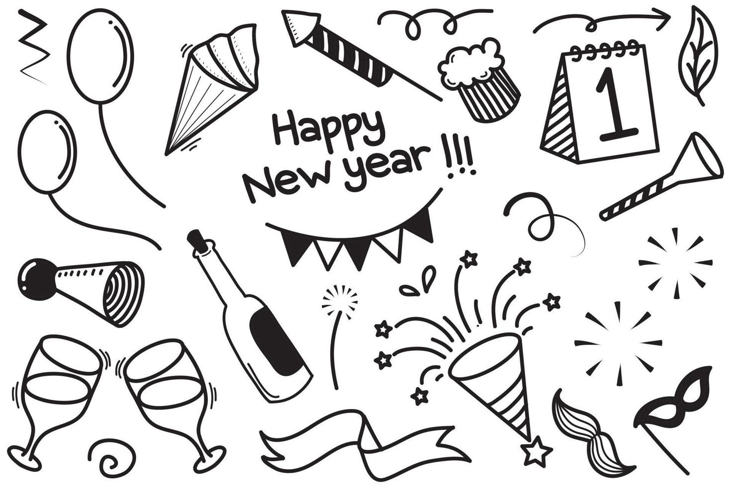 New year party doodle elements in black isolated over white background. vector illustration
