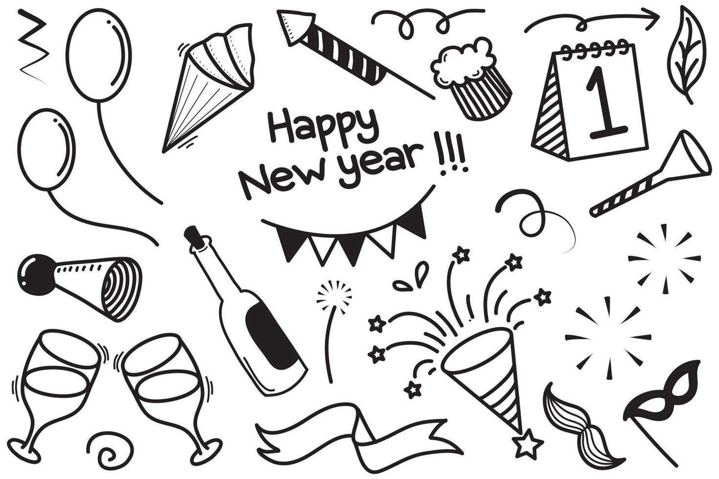New year party doodle elements in black isolated over white background