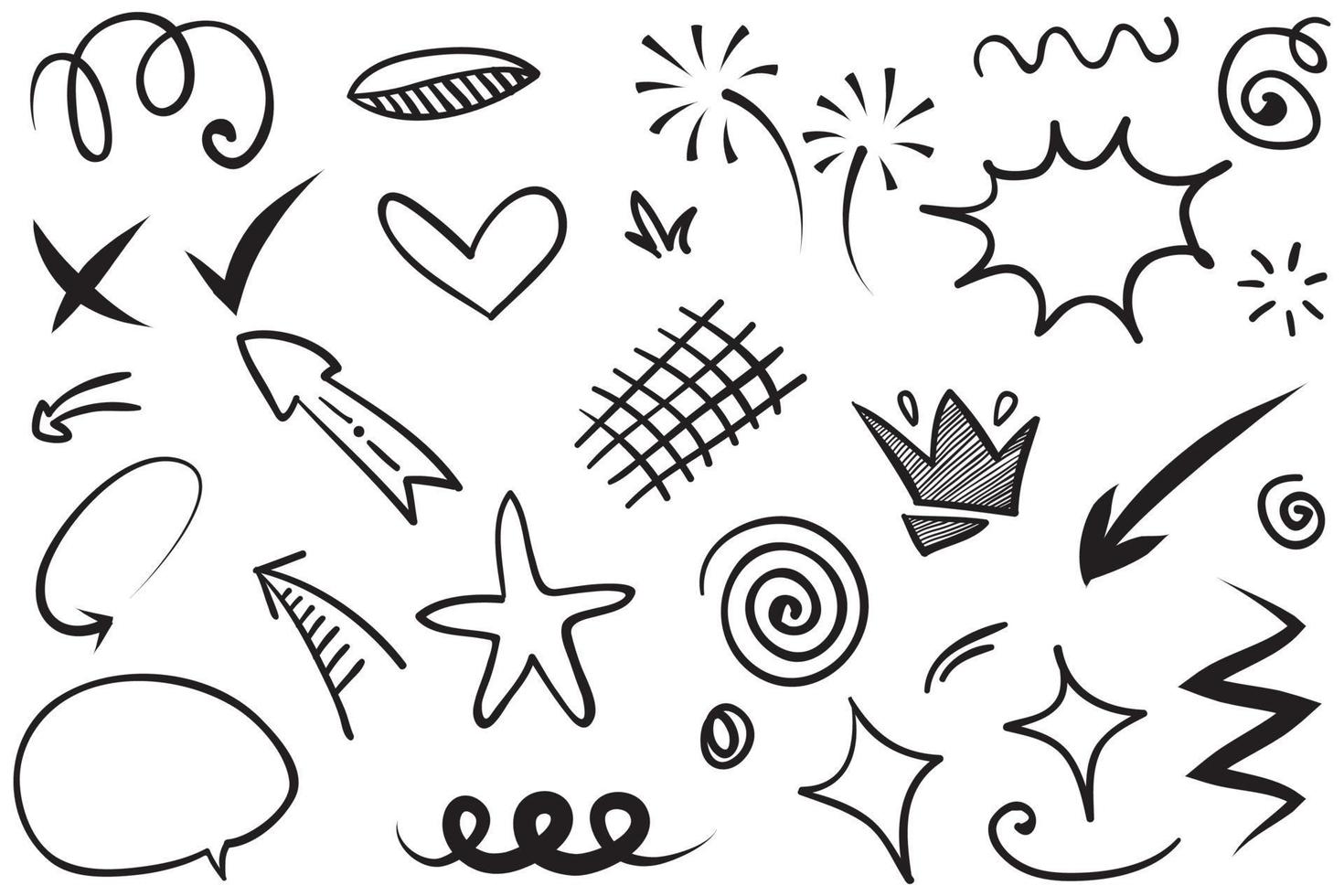 Abstract arrows, ribbons, crowns, hearts, explosions and other elements in hand drawn style for concept design. Doodle illustration. Vector template for decoration