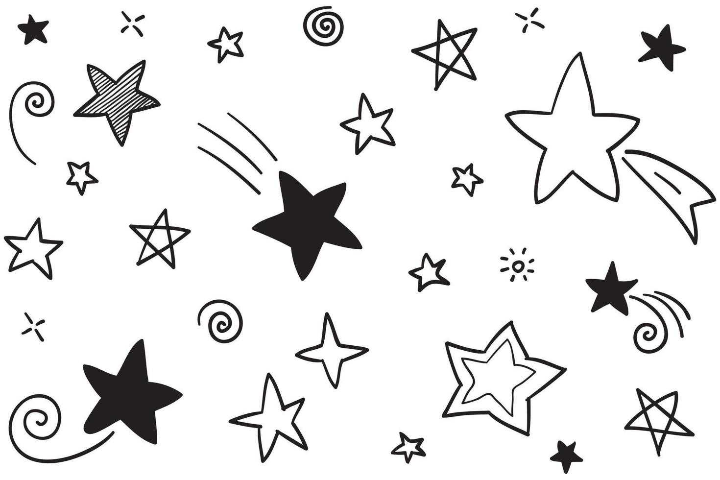 Set of black hand drawn doodle stars in isolated on white background. vector