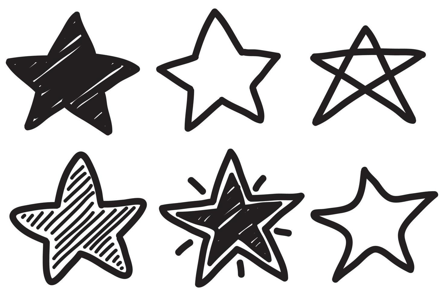 Set of black hand drawn doodle stars in isolated on white background. vector