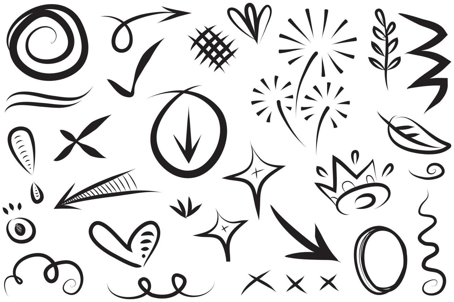 Abstract arrows, ribbons, crowns, hearts, explosions and other elements in hand drawn style for concept design. Doodle illustration. Vector template for decoration