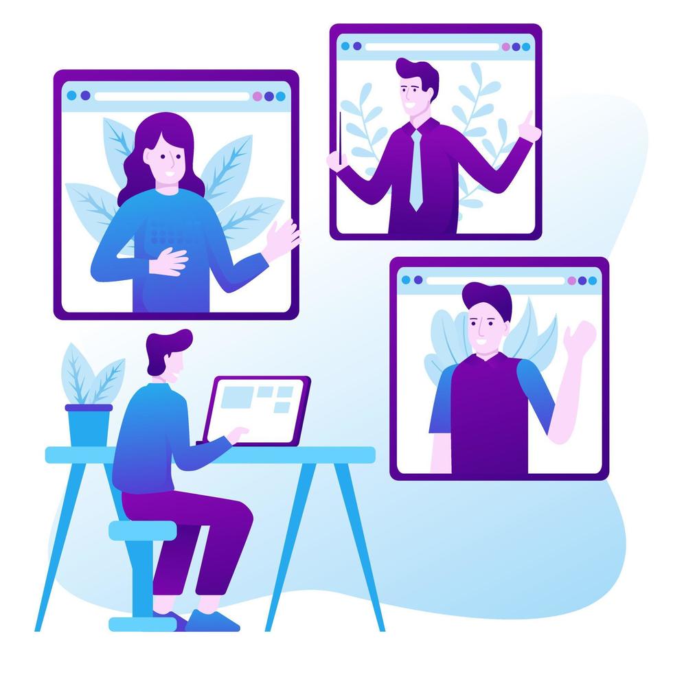 Man having a video conference with his business team online, telecommuting, remote work and business communications concept vector