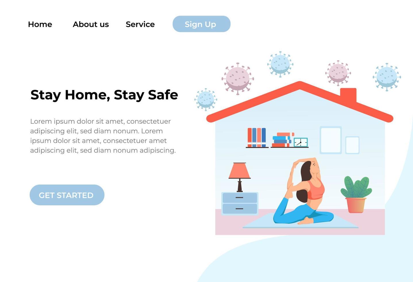 Young woman sitting in yoga posture and meditating during corona virus. Physical and spiritual practice. Stay at home concept vector