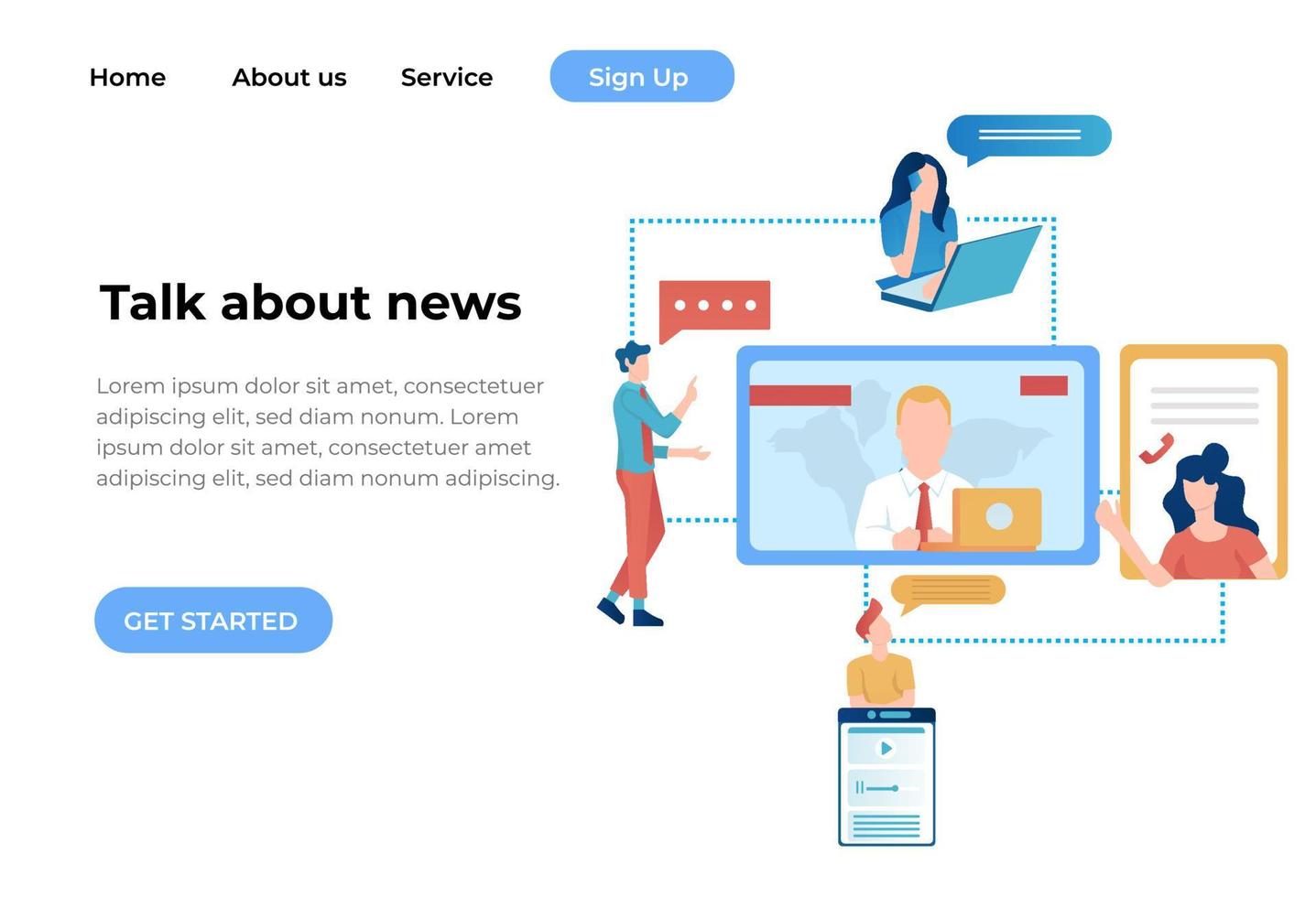 Video Conference, talking about news with friends. vector illustration