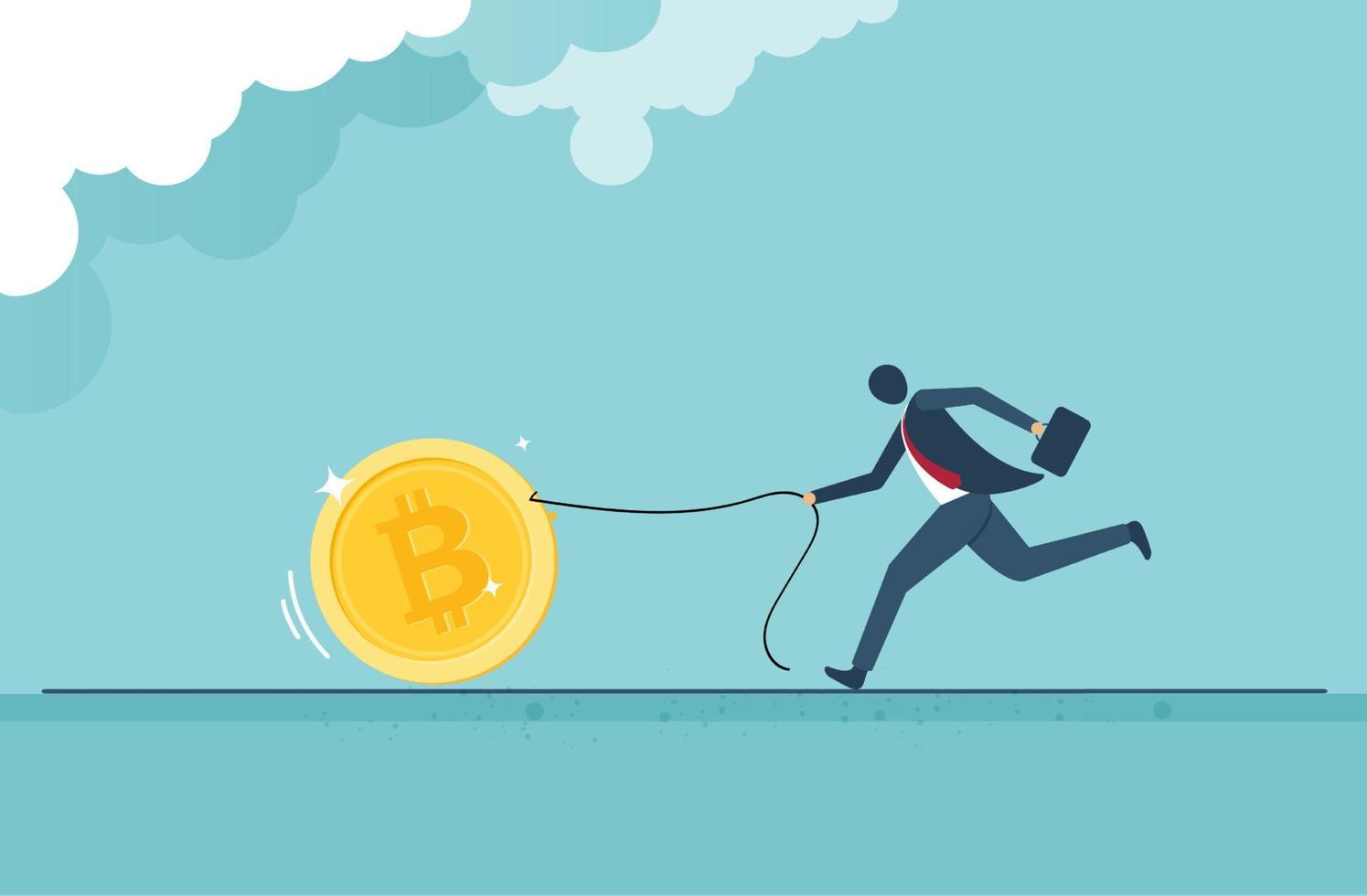 Bitcoin business - Businessman pull the rope of bitcoin on sale when cryptocurrency price crash to make profit concept, smart man buying or purchasing to speculate earning in the future. vector design