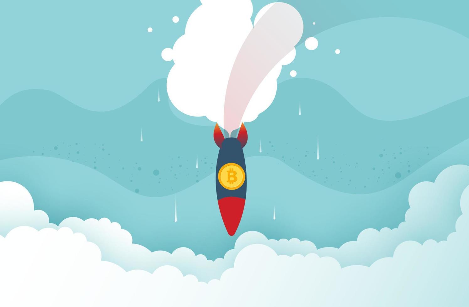 accidente de cohete bitcoin en el piso, concepto de criptomoneda. Colapso del precio de bitcoin, precio de volatilidad de la moneda criptográfica rugiendo rápidamente y cayendo causando un concepto de pérdida enorme para los inversores. diseño vectorial vector